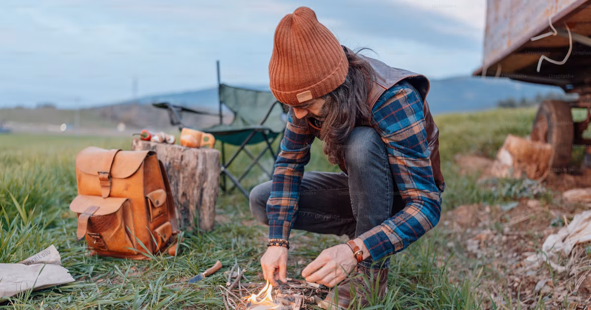 man starting campfire